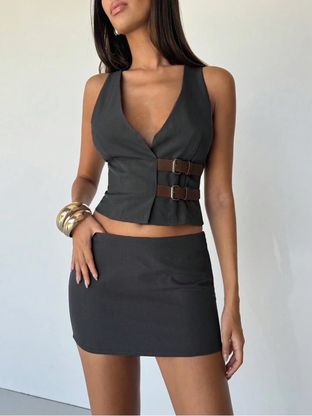 SHEIN Grey Buckle Vest & Mini Skirt Set XS